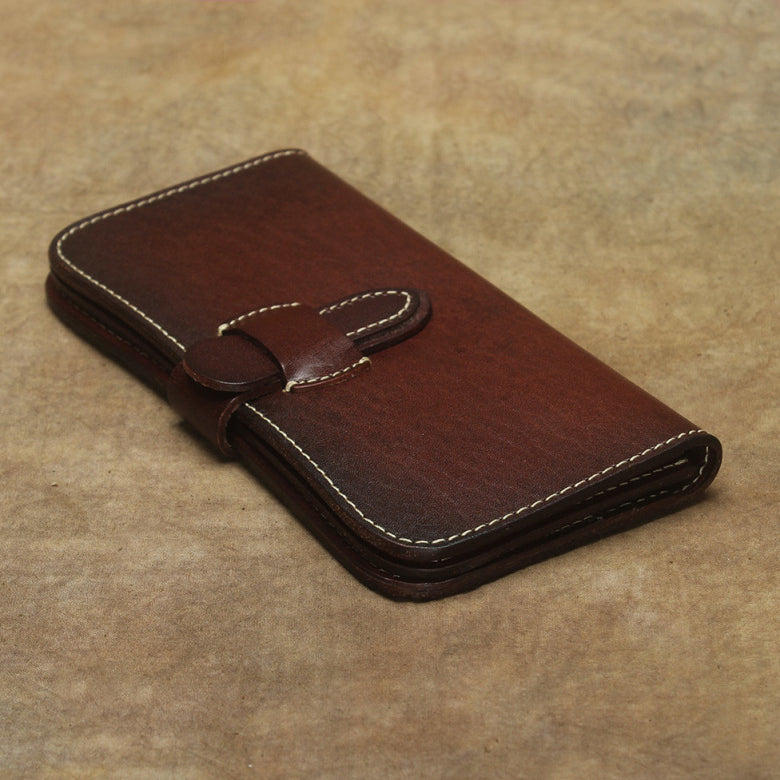 Full Grain Leather Long Wallet Hand Stitched Strap Clasp Clutch in dark brown leather.