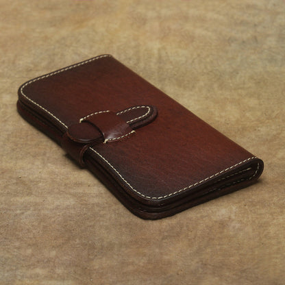Full Grain Leather Long Wallet Hand Stitched Strap Clasp Clutch in dark brown leather.