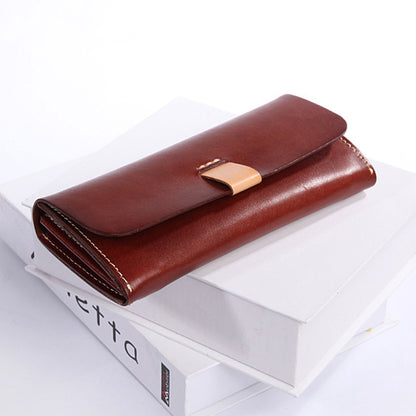 Full Grain Leather Long Wallet Handmade Card Organizer Coin Purse on display with a sleek design in brown leather.
