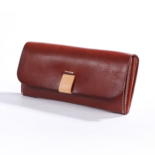 Full Grain Leather Long Wallet Handmade Card Organizer Coin Purse in rich brown leather with a simple closure.