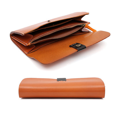 Full Grain Leather Long Wallet Handmade Card Organizer Coin Purse shown open and closed, featuring a sleek design and multiple compartments.