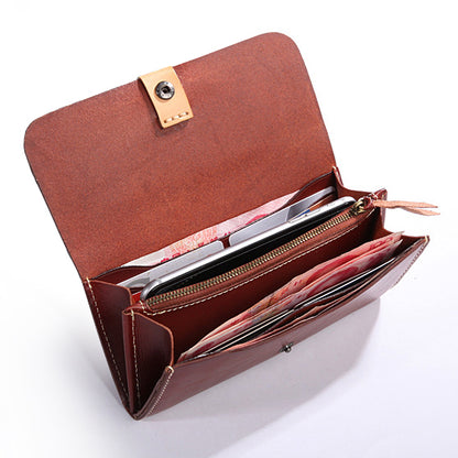 Full Grain Leather Long Wallet Handmade Card Organizer Coin Purse with multiple compartments and zippered pocket inside.