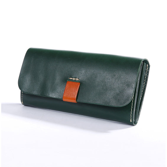Full Grain Leather Long Wallet Handmade Card Organizer Coin Purse in dark green with orange accent.