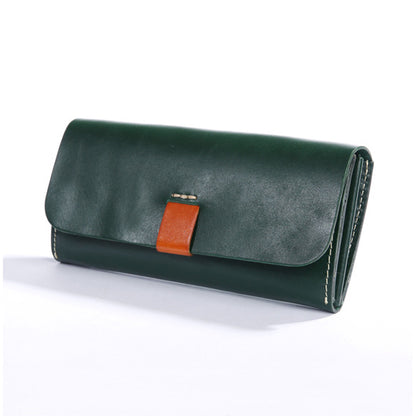 Full Grain Leather Long Wallet Handmade Card Organizer Coin Purse in dark green with orange accent.