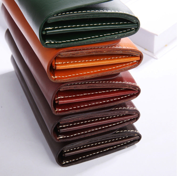 Full Grain Leather Long Wallet Handmade Card Organizer Coin Purse in assorted colors stacked neatly.