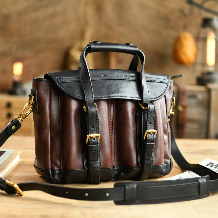 Italian Leather Messenger Bag 15.4in Cambridge Style Work Bag in dark brown leather with black accents