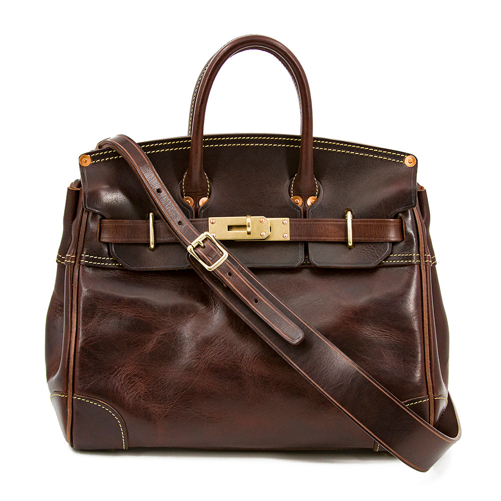 Genuine Leather Top Handle Tote 15in Structured Handbag in dark brown leather with adjustable strap and gold hardware.