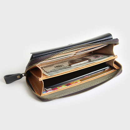 Full Grain Leather Zip Around Wallet Card Holder Phone Organizer