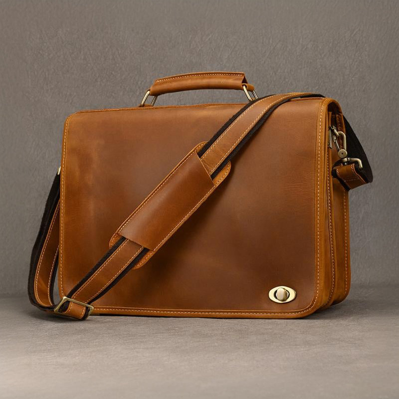 Vintage Leather Briefcase 15.4in Dual Compartment Bag For Men