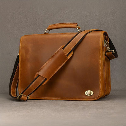 Vintage Leather Briefcase 15.4in Dual Compartment Bag For Men