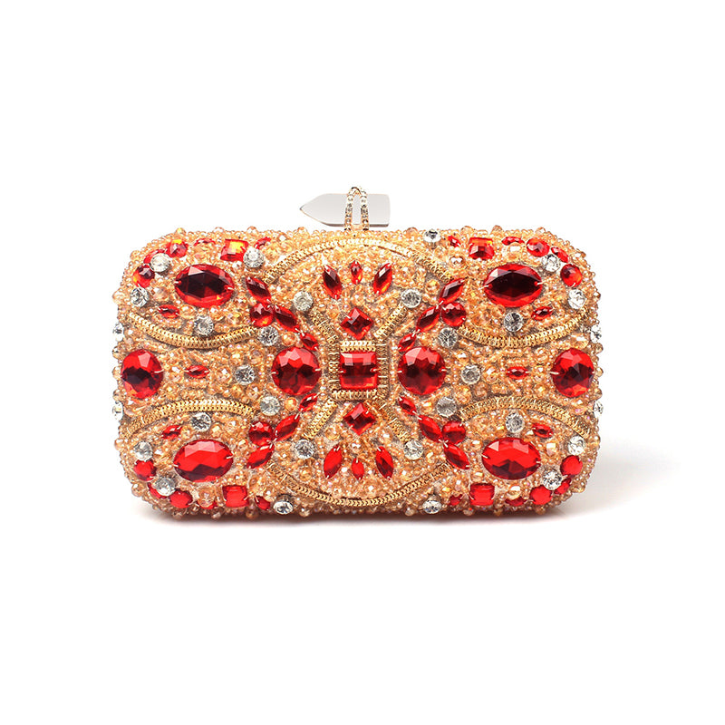 Gold Crystal Beaded Evening Clutch adorned with red rhinestones and intricate detailing