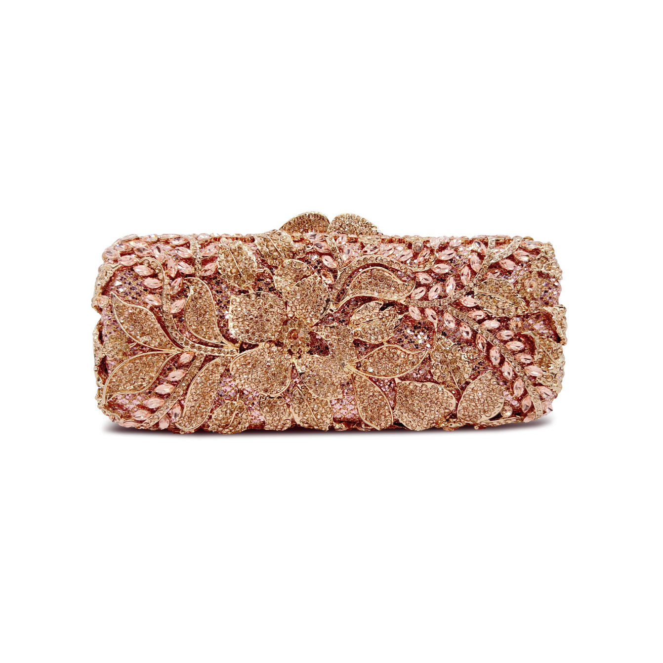 Gold Rhinestone Evening Clutch adorned with intricate floral patterns and sparkling crystals, perfect for weddings and parties.