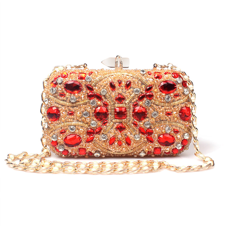 Elegant Gold Crystal Beaded Evening Clutch with rhinestones, perfect for weddings and party events.