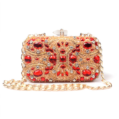 Elegant Gold Crystal Beaded Evening Clutch with rhinestones, perfect for weddings and party events.