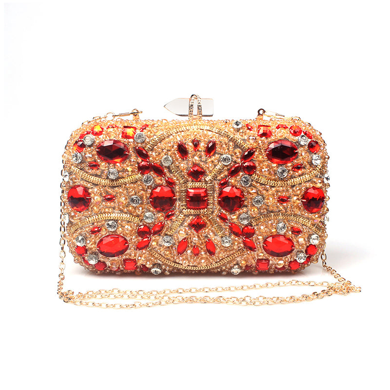 Gold Crystal Beaded Evening Clutch adorned with red and clear rhinestones, perfect for weddings and parties.