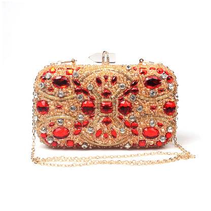 Gold Crystal Beaded Evening Clutch adorned with red and clear rhinestones, perfect for weddings and parties.