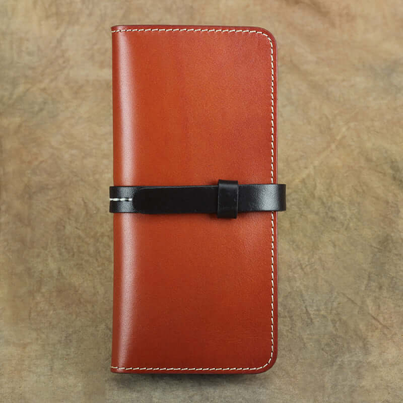 Handmade Full Grain Leather Long Wallet Card Slots Clutch 7.9in in orange brown color with black strap.