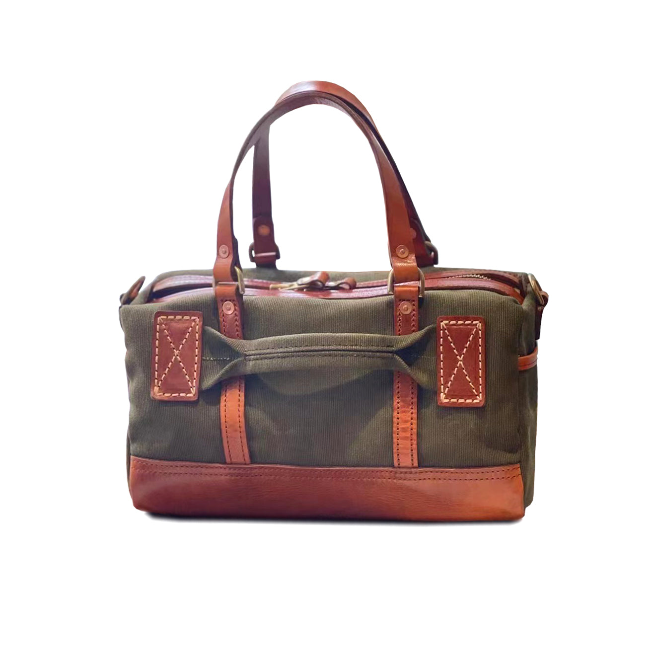 Handmade Canvas Leather Crossbody Bag Women 12.6in Vintage Satchel Purse with green fabric and brown leather accents.