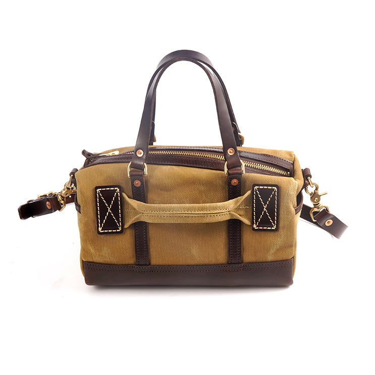 Handmade Canvas Leather Crossbody Bag Women in brown and tan with zippers and shoulder strap.