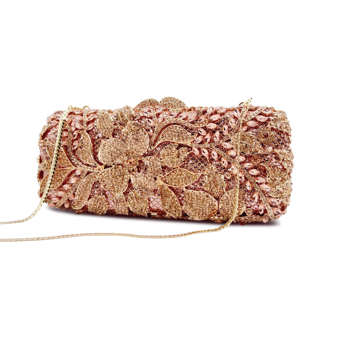 Gold Rhinestone Evening Clutch with floral design and chain strap, perfect for weddings and parties.