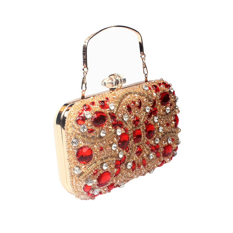 Gold Crystal Beaded Evening Clutch with red and clear rhinestones, elegant for wedding and party events.