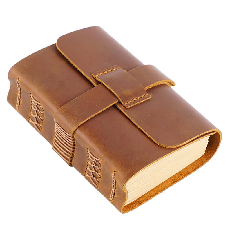 Handmade Leather Journal Thick Notebook Travel Diary Gift 6.5in - Brown leather cover with embossed design and blank pages.