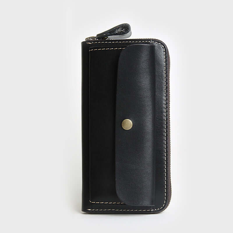 Full Grain Leather Zip Around Wallet Card Holder Phone Organizer in black leather with snap closure and zipper.