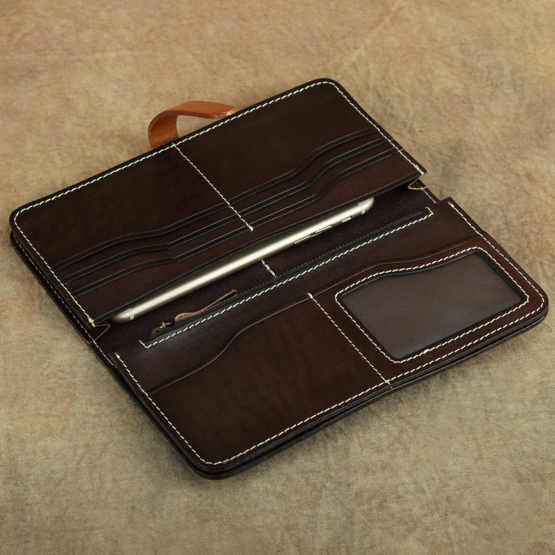 Handmade Full Grain Leather Long Wallet Card Slots Clutch 7.9in