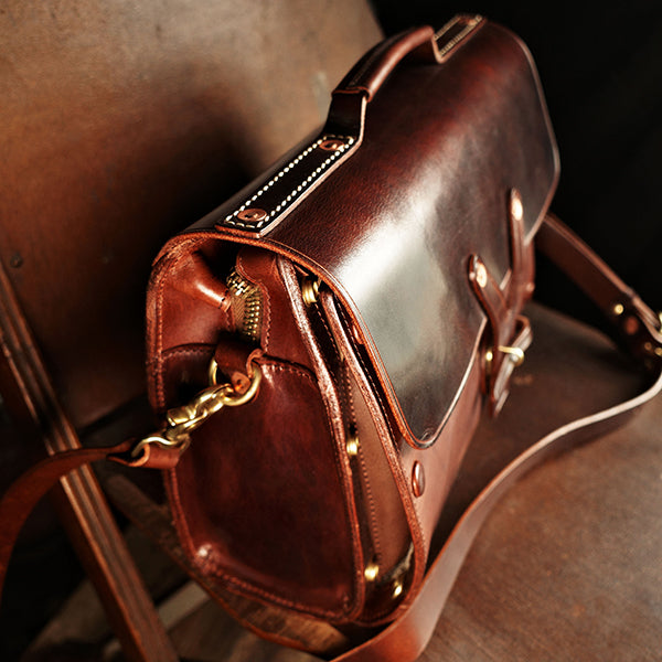 Handmade Italian Leather Laptop Bag Men 15in Convertible Briefcase with elegant design and brass details.
