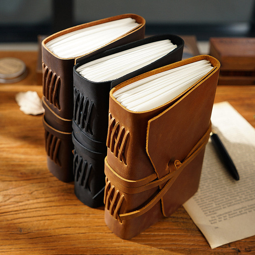 Handmade Vintage Crazy Horse Leather Journal with Wrap Tie 7.5in