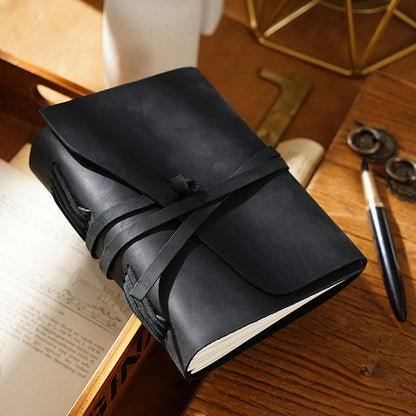 Handmade Vintage Crazy Horse Leather Journal with Wrap Tie 7.5in