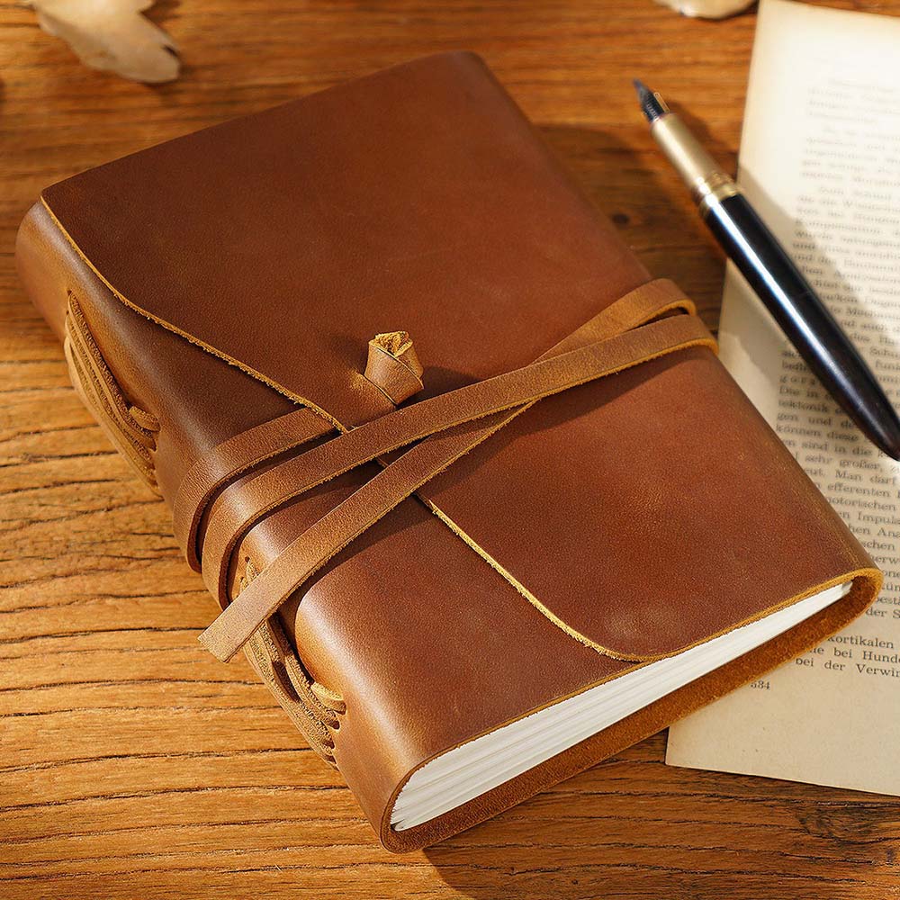 Handmade Vintage Crazy Horse Leather Journal with Wrap Tie 7.5in