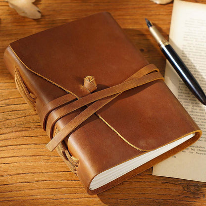 Handmade Vintage Crazy Horse Leather Journal with Wrap Tie 7.5in