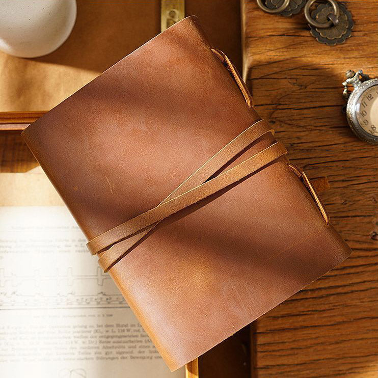 Handmade Vintage Crazy Horse Leather Journal with Wrap Tie 7.5in