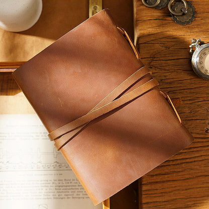 Handmade Vintage Crazy Horse Leather Journal with Wrap Tie 7.5in