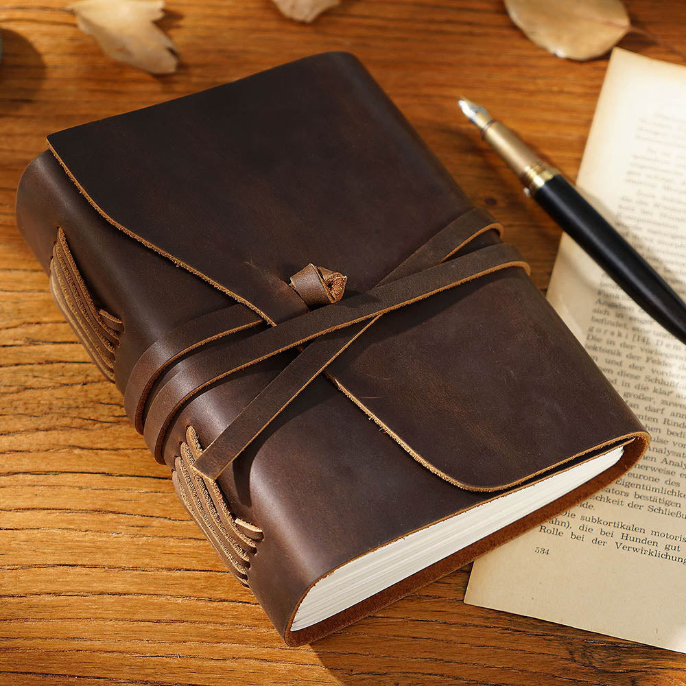 Handmade Vintage Crazy Horse Leather Journal with Wrap Tie 7.5in