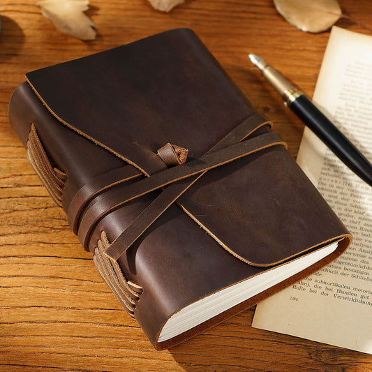Handmade Vintage Crazy Horse Leather Journal with Wrap Tie 7.5in