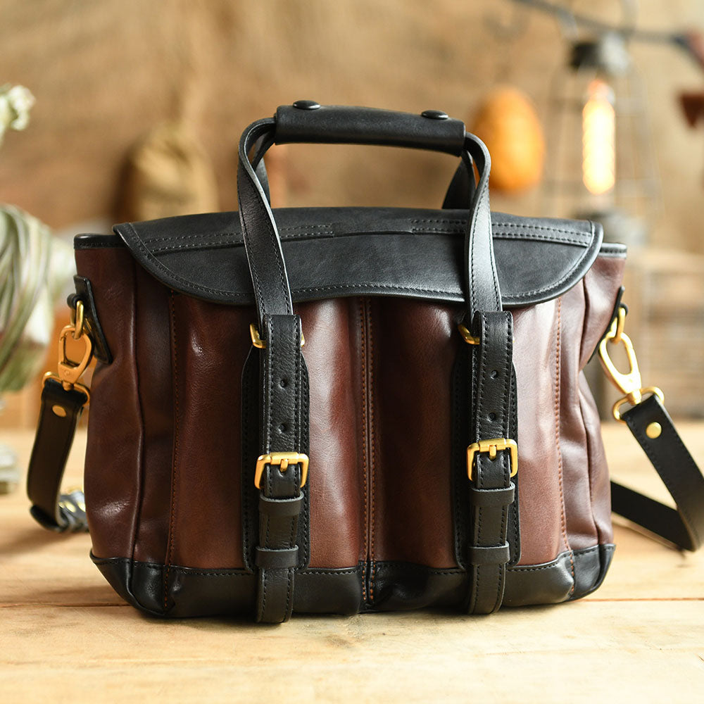 Italian Leather Messenger Bag 15.4in Cambridge Style Work Bag in dark brown and black with top handle and straps.
