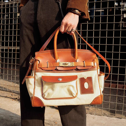 Canvas Tote Italian Leather Handmade Travel Bag Daily Work Bag 15in