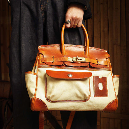 Canvas Tote Italian Leather Handmade Travel Bag Daily Work Bag 15in