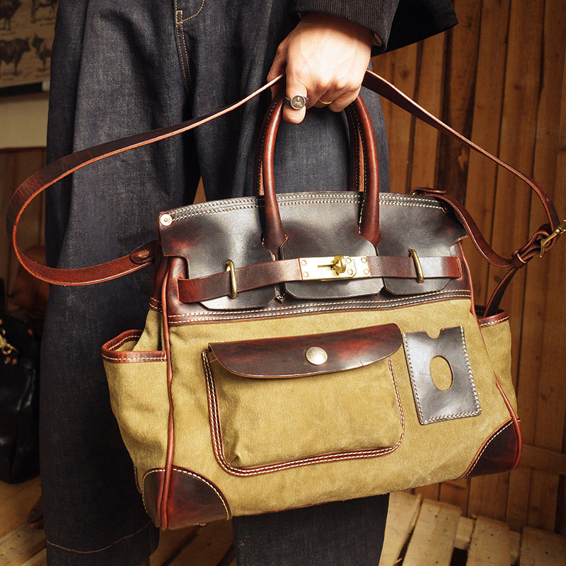 Canvas Tote Italian Leather Handmade Travel Bag Daily Work Bag 15in