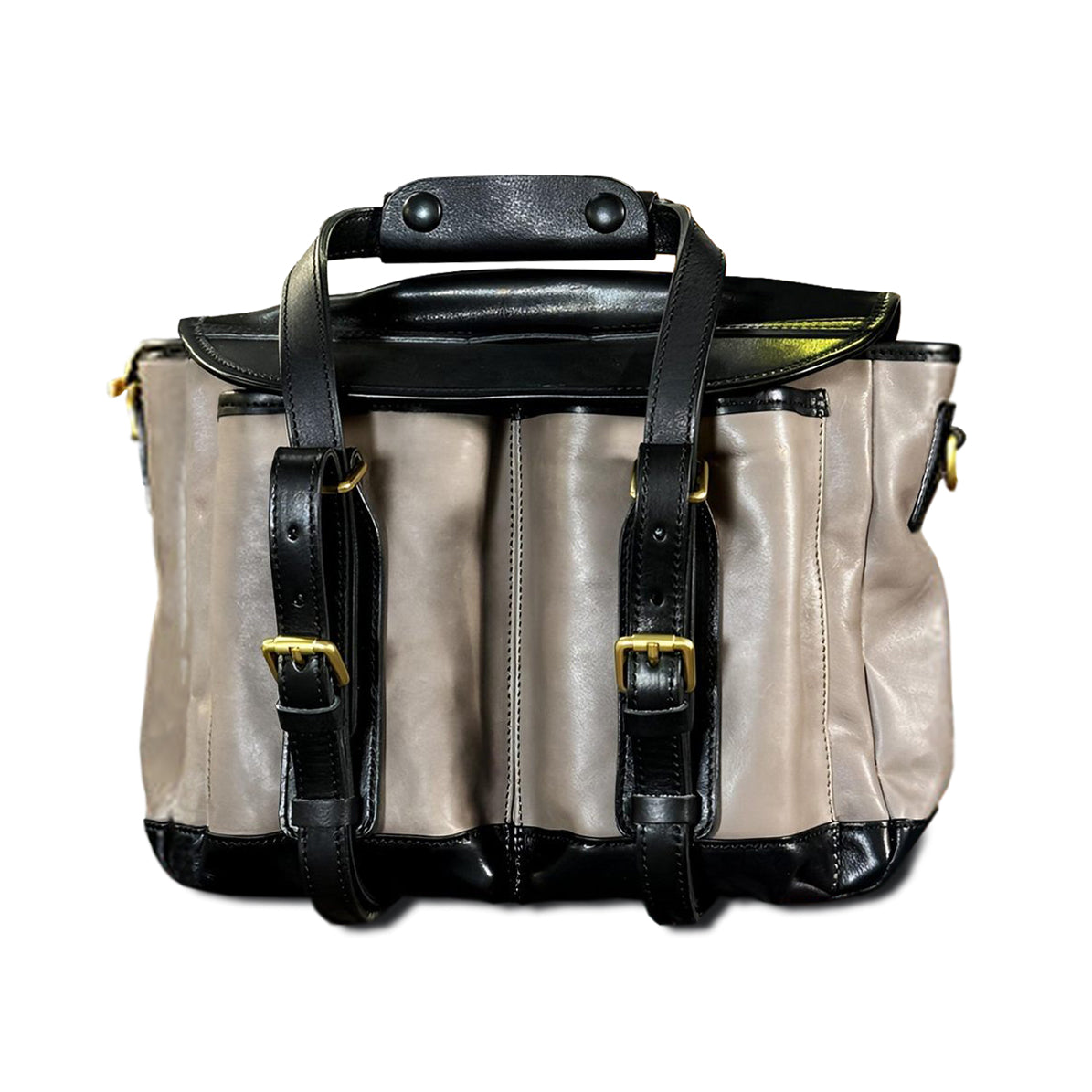 Italian Leather Messenger Bag 15.4in Cambridge Style Work Bag in dark brown and khaki with dual handles and a structured design.