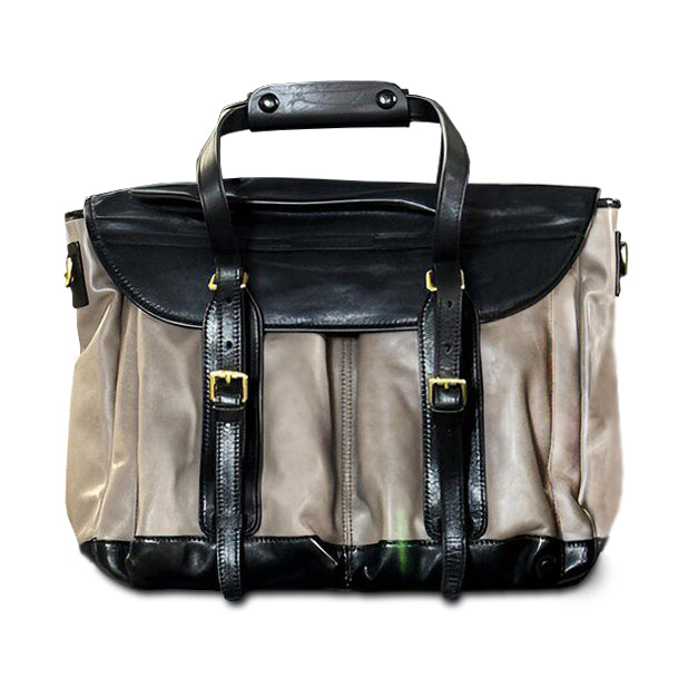 Italian Leather Messenger Bag 15.4in Cambridge Style Work Bag in dark brown and khaki colors.