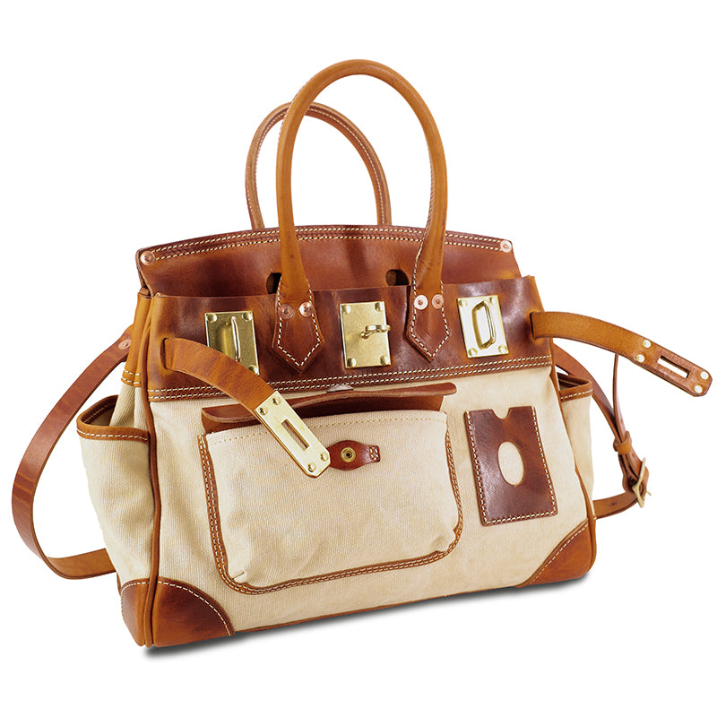 Canvas Tote Italian Leather Handmade Travel Bag Daily Work Bag 15in