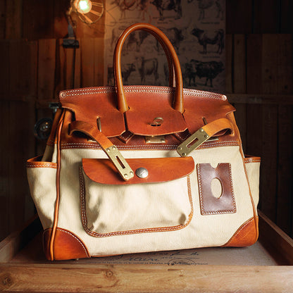 Canvas Tote Italian Leather Handmade Travel Bag Daily Work Bag 15in