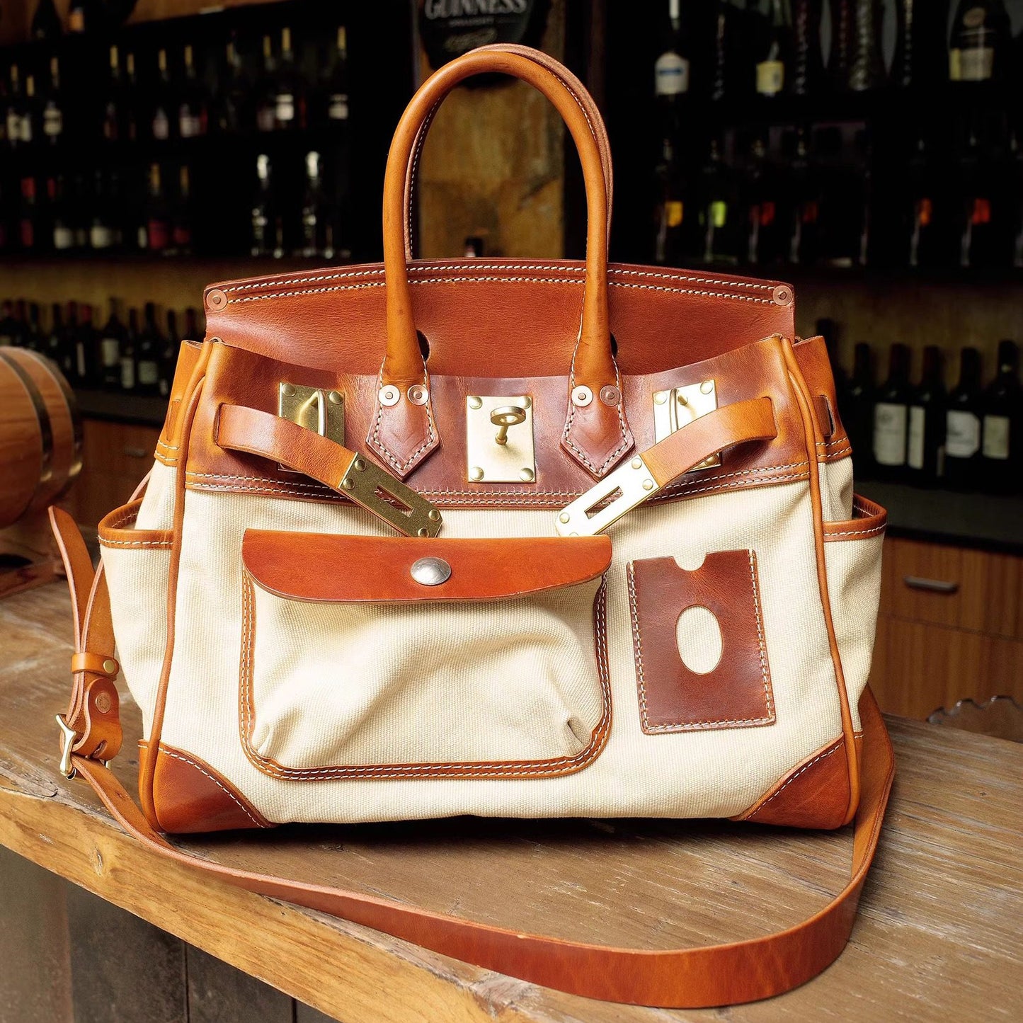 Canvas Tote Italian Leather Handmade Travel Bag Daily Work Bag 15in