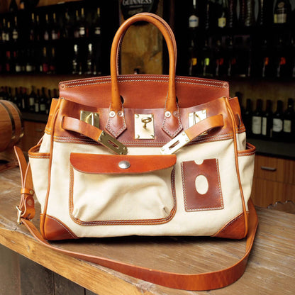 Canvas Tote Italian Leather Handmade Travel Bag Daily Work Bag 15in