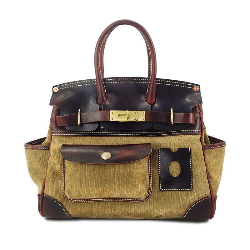 Canvas Tote Italian Leather Handmade Travel Bag Daily Work Bag 15in