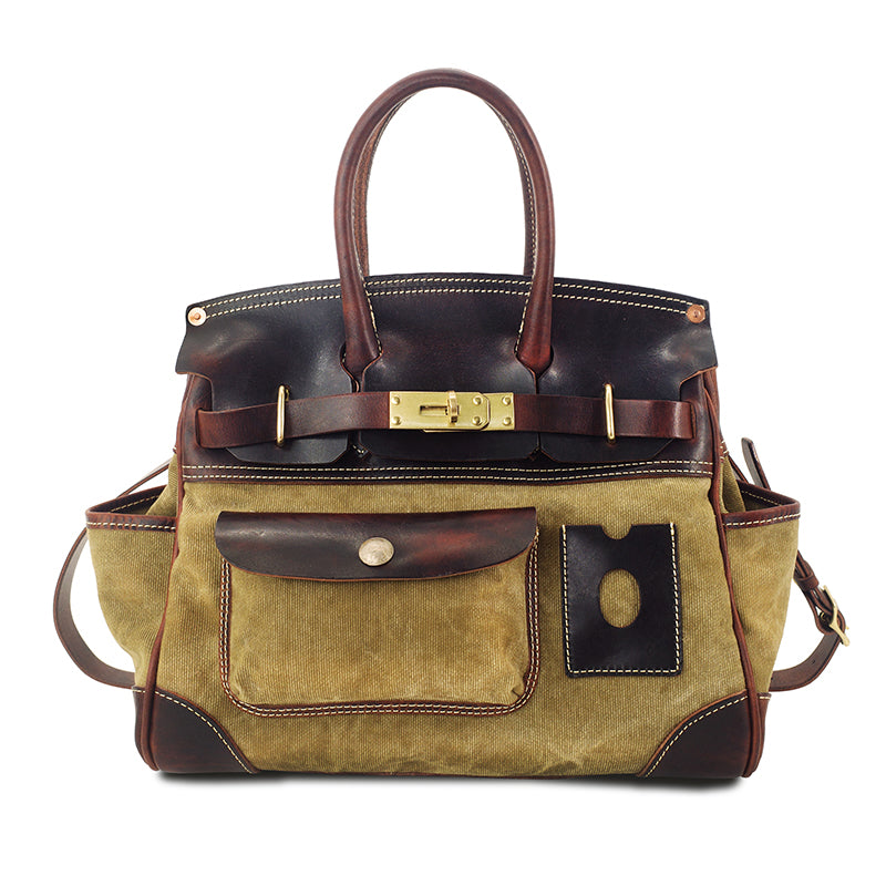 Canvas Tote Italian Leather Handmade Travel Bag Daily Work Bag 15in