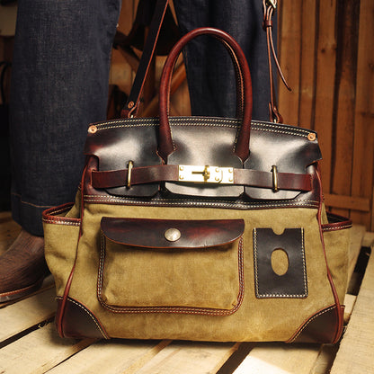 Canvas Tote Italian Leather Handmade Travel Bag Daily Work Bag 15in